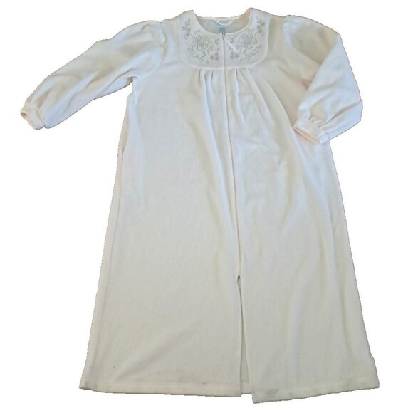Erika Taylor Robe Full Zip Ivory Fleece Embroidered Pockets Soft Comfort Large - Picture 1 of 6